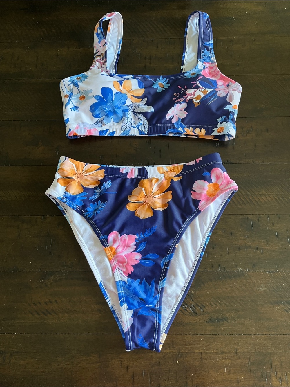 Floral High-Waist Bikini Set in Navy and Multicolor
